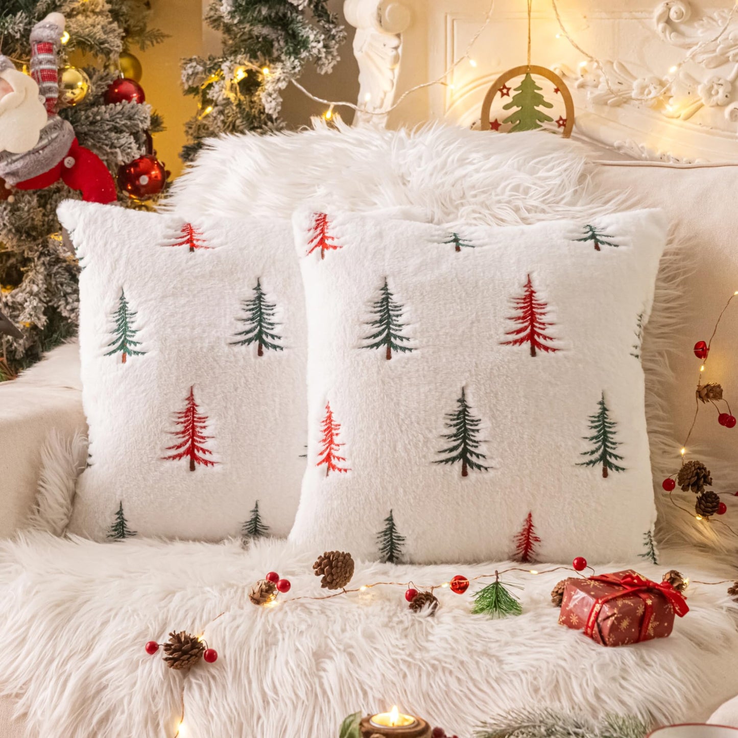 AQOTHES Christmas Tree Green Red Throw Pillow Covers 18x18, Soft Faux Fur Embroidered Throw Pillows for Couch Sofa Cushion Covers Holiday Home Decor