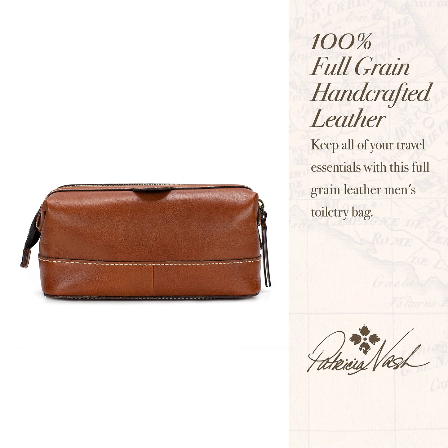 Patricia Nash Travel Toiletry Bag for Men - Heritage Leather Travel Case, Dopp Kit for Men, Full Grain Handcrafted Leather, Toiletry Bag, Stylish Travel Case, Brushed Brass Hardware, Zipper Closure