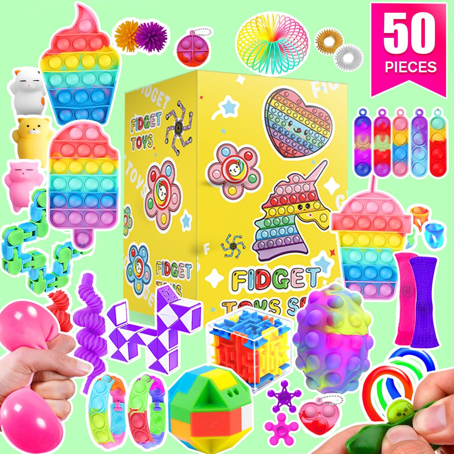 SUNNERLY Fidget Toys, 50 Pack Sensory Toy Set Bulk Stocking Stuffers Carnival Treasure Box Classroom Prizes Gifts Party Favors for Kids Adults Boys Girls, Stress Relief Anxiety Relief Autism Autistic