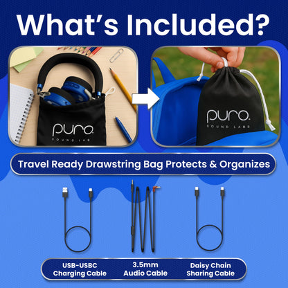 Puro Sound Labs JuniorJam Plus Volume-Limiting Wireless Bluetooth Headphones for Kids, Secure Audio with Adjustable On-Ear Design, 22-Hour Battery Life, Ideal for Tablets, Smartphones & PCs - Blue