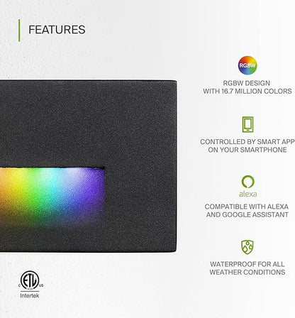 ASD LED Recessed Step Light Fixture, Outdoor & Indoor Stair Tread Lighting | RGBW, Smart, Waterproof, ETL Listed | 3W 60LM RGB-2700K-6500K 120V | Staircase Hardwired Illumination | Black, 6 Pack