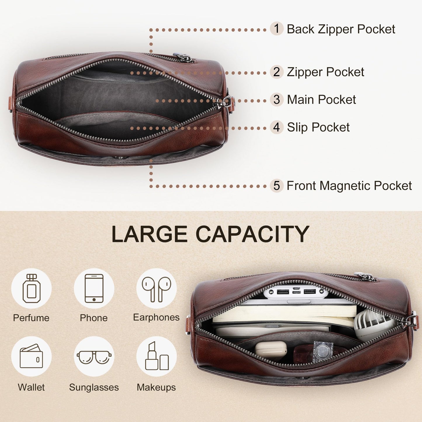 Genuine Leather Crossbody Purses Bag for Women,Travel Casual Handbag Bag, Small Shoulder Cross body Purse with Two Adjustable Straps (Coffee)