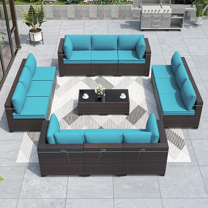 ALAULM 14 Pieces Outdoor Patio Furniture Set Sectional Sofa Sets Brown PE Rattan Patio Conversation Set w/12 Blue Seat Cushions and 2 Coffee Tables