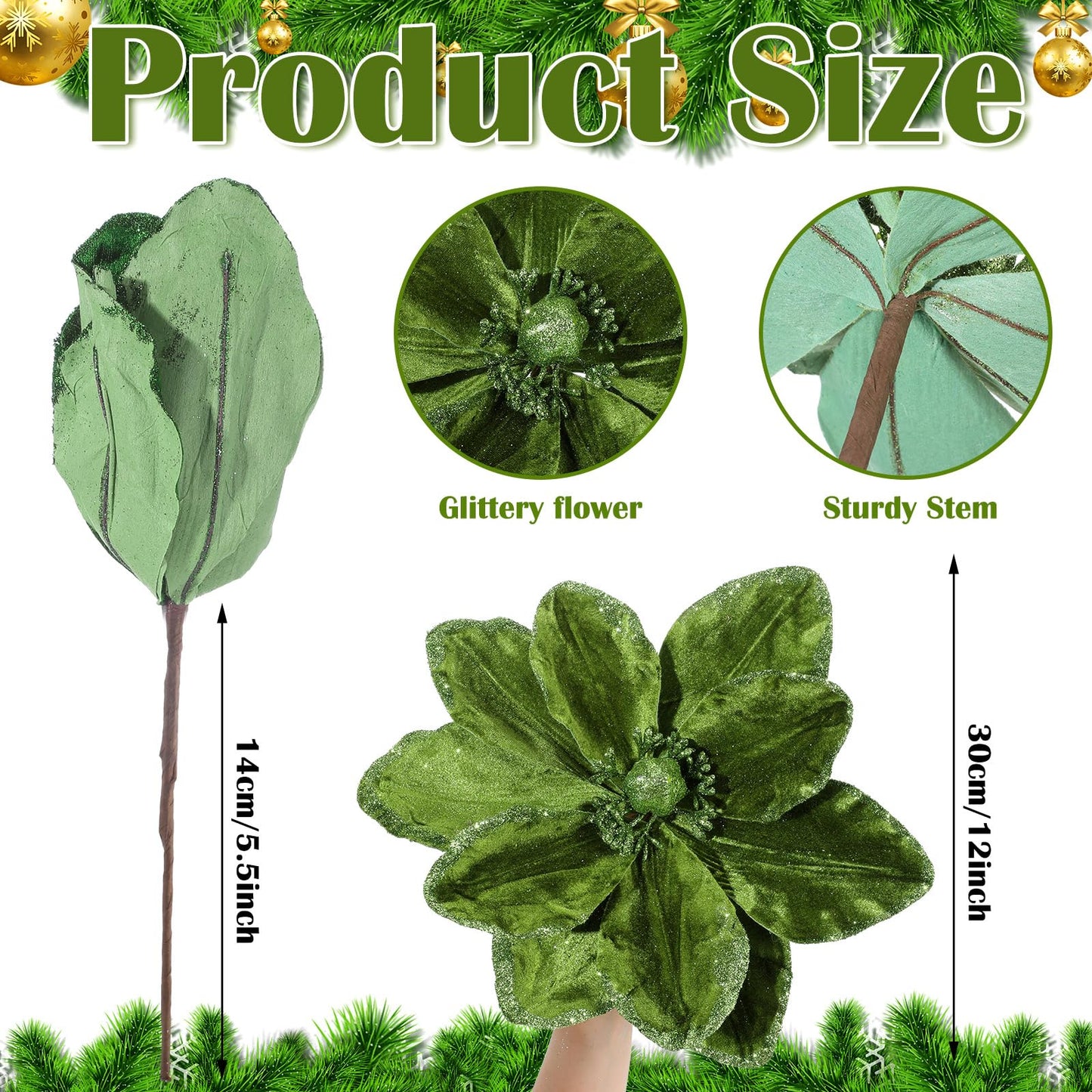 Thiccywoov 8 Pcs Large 12'' Christmas Flower Forest Green Magnolia Flowers Christmas Tree Decoration Artificial Poinsettia Stems Velvet Xmas Ornaments for Xmas Tree Table Decor