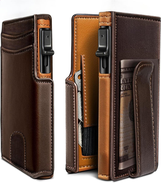 Plinvo Men's Slim Genuine Leather Wallet with Money Clip, Coin Pocket, RFID Blocking, ID Window (Burnt Umber)