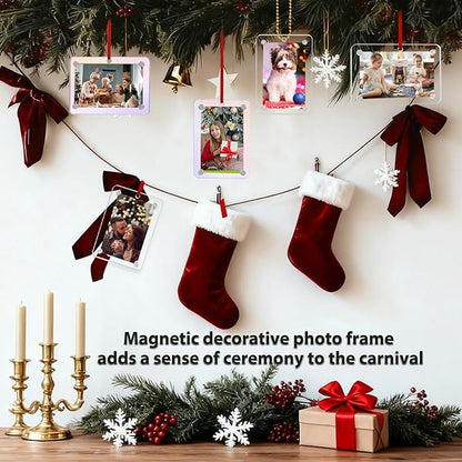 Christmas Photo Ornament Set of 4, 3x2'' Iridescent Acrylic Hanging Picture Frame for Family Photo, Christmas Tree, Holiday Decoration, Multifunctional Magnetic Picture Frames for Car and Fridge Decor