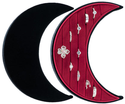 COWFEX Velvet Multiple Ring Box Organizer Display Tray Crescent Moon Shape Jewelry Box Earring Holder Case for Wedding Birthday Christmas Day (Black and Red)