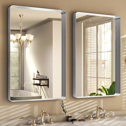 Silver Bathroom Mirror for Wall, 36x24 Inch Rectangular Aluminum Alloy Framed Mirror, Modern Wall Mounted Vanity Mirror for Bathroom, Vertical or Horizontal