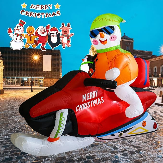 7FT Christmas Inflatable Snowman Motorcycle Decoration, Multi-color, LED Light, Weather Resistant