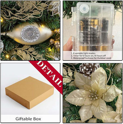 WANNA-CUL Pre-Lit 24 Inch Lighted Christmas Wreath for Front Door Champagne Gold Christmas Door Wreath Decor with Ball Ornaments, Poinsettia Flowers,Ribbon,Pine Cones,Battery Operated 30 LED Lights