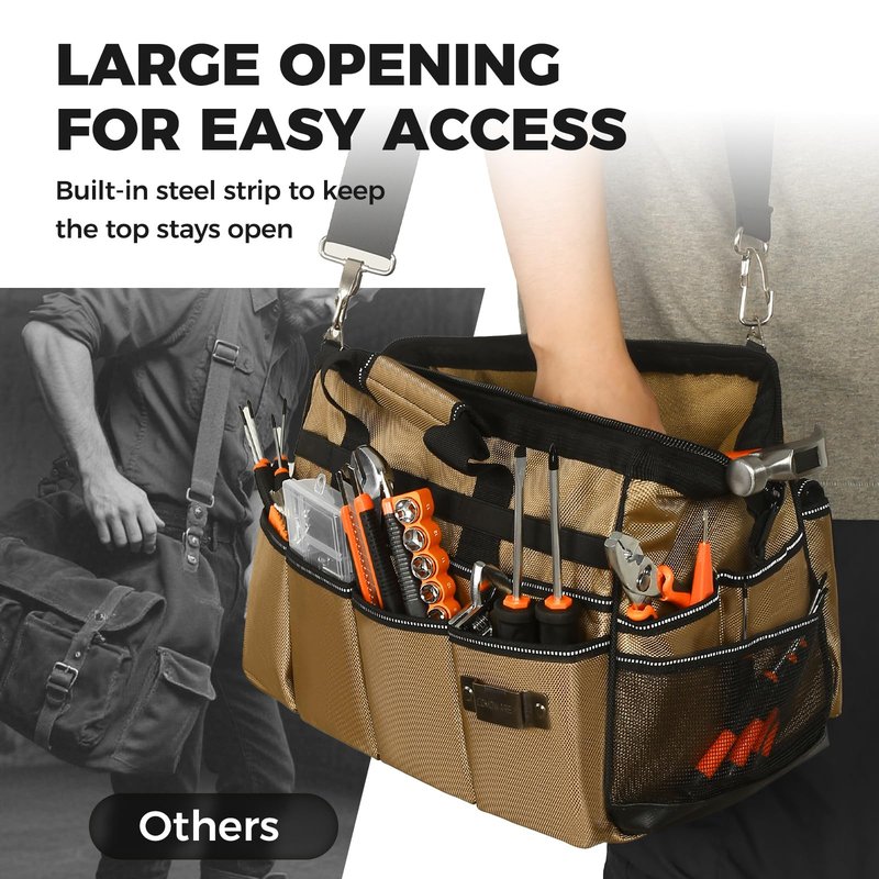 COMOWARE 16" Tool Bag, 19-Pocket Heavy Duty Tool Organizer with Adjustable 51.2" Shoulder Strap, 1680D Oxford Fabric & PVC Coating, Reflective Strips, Tactical Loops, Mechanics, Plumbers, DIY