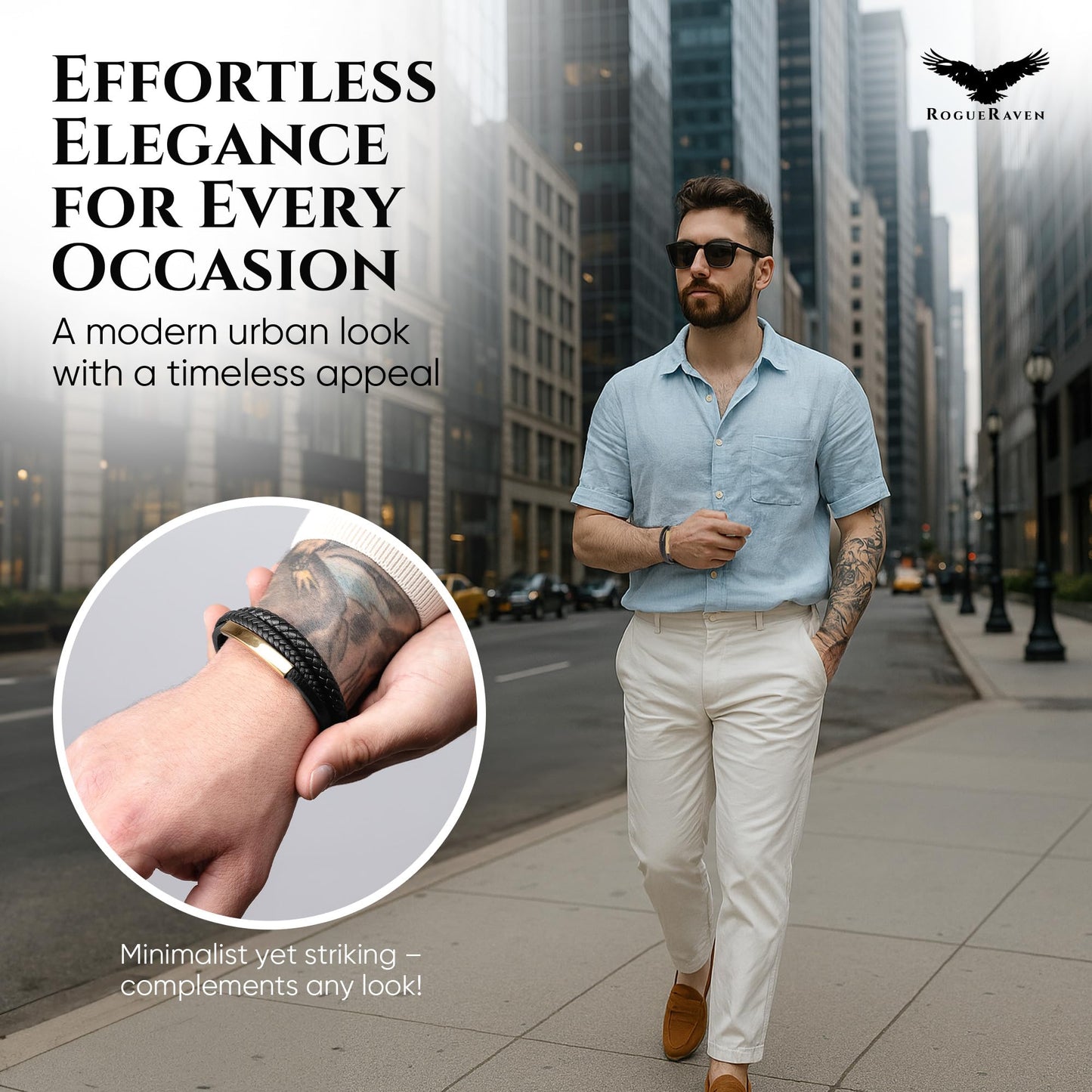 RogueRaven Black Leather Bracelet for Men – Premium Collection – Brown Black Gold Silver | Genuine Leather Mens Bracelet with Stainless Steel Clasp [Adjustable] | In Luxury Gift Box