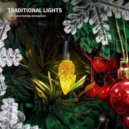 WATERGLIDE C6 Christmas Lights, 33ft 100 LED Faceted String Lights Green Wire Fairy Lights with 29V Safe Adaptor, 8 Lighting Mode, Waterproof for Indoor Outdoor Patio Xmas Tree Party Decor, Yellow