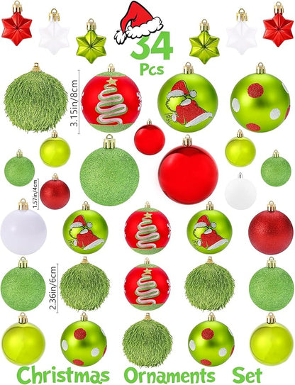 34 Pcs Christmas Ball Ornaments, Lime Green, Red and White Christmas Tree Decorations Set, Shatterproof Hanging Xmas Ornaments for Office Holiday Home with 7 Styles in 3 Sizes(Small Medium Large)
