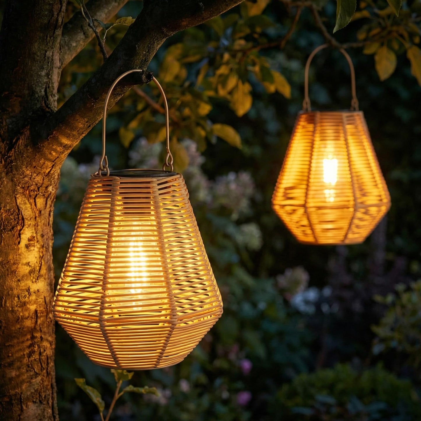 pearlstar Solar Lanterns Outdoor Waterproof 2Pack Rattan Woven Hanging/Table Solar Lights with Warm White Edison Light Bulbs for Patio Yard Garden Outside Boho Decor, Gifts for Mom Women
