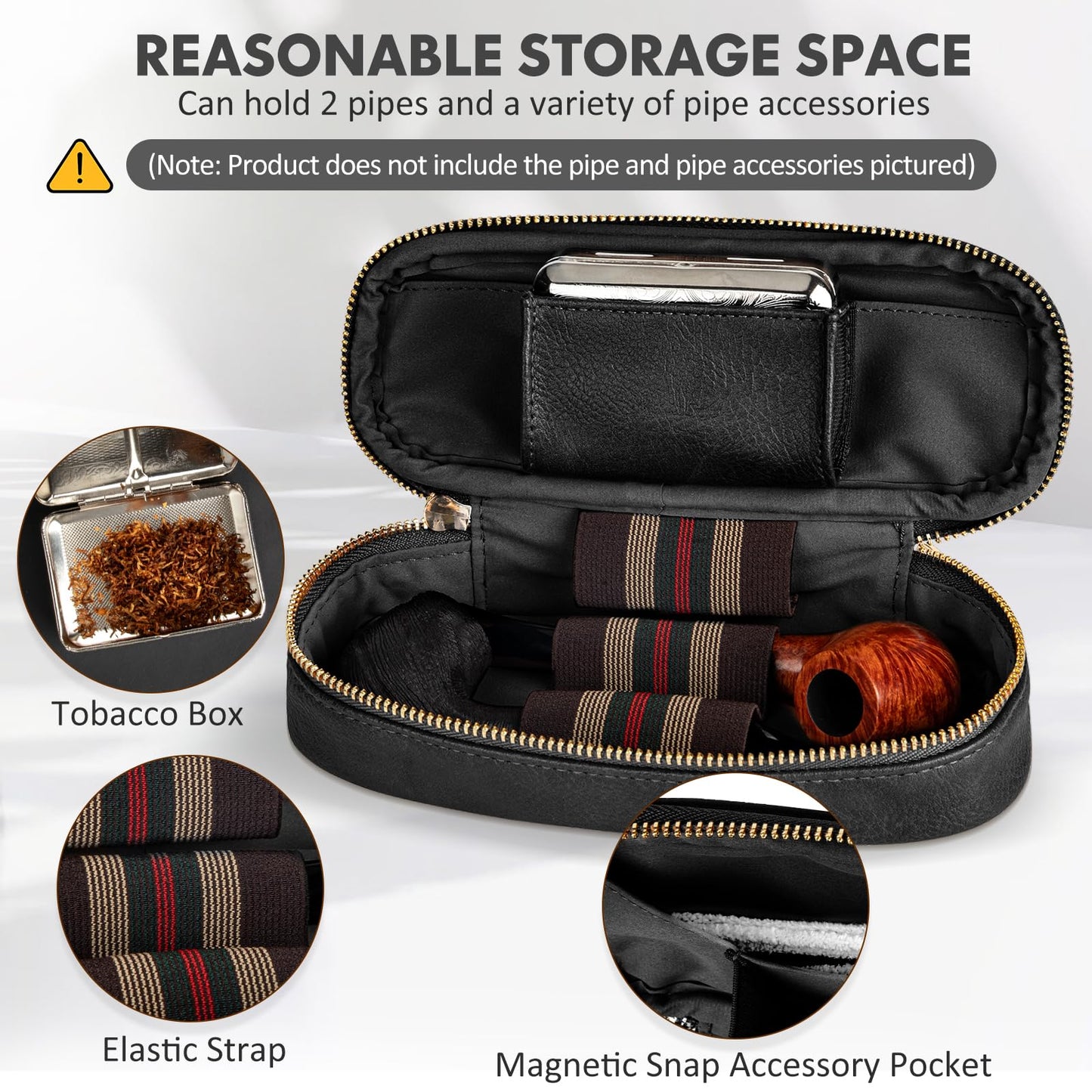 Tesonway Pipe Pouch, PU Leather Pipe Case/Pipe Bag for 2 Pipes and Pipe Cleaners, Screens, Tamper and Other Smoking Pipe Accessories, Pipe and Accessories Not Included (Black)