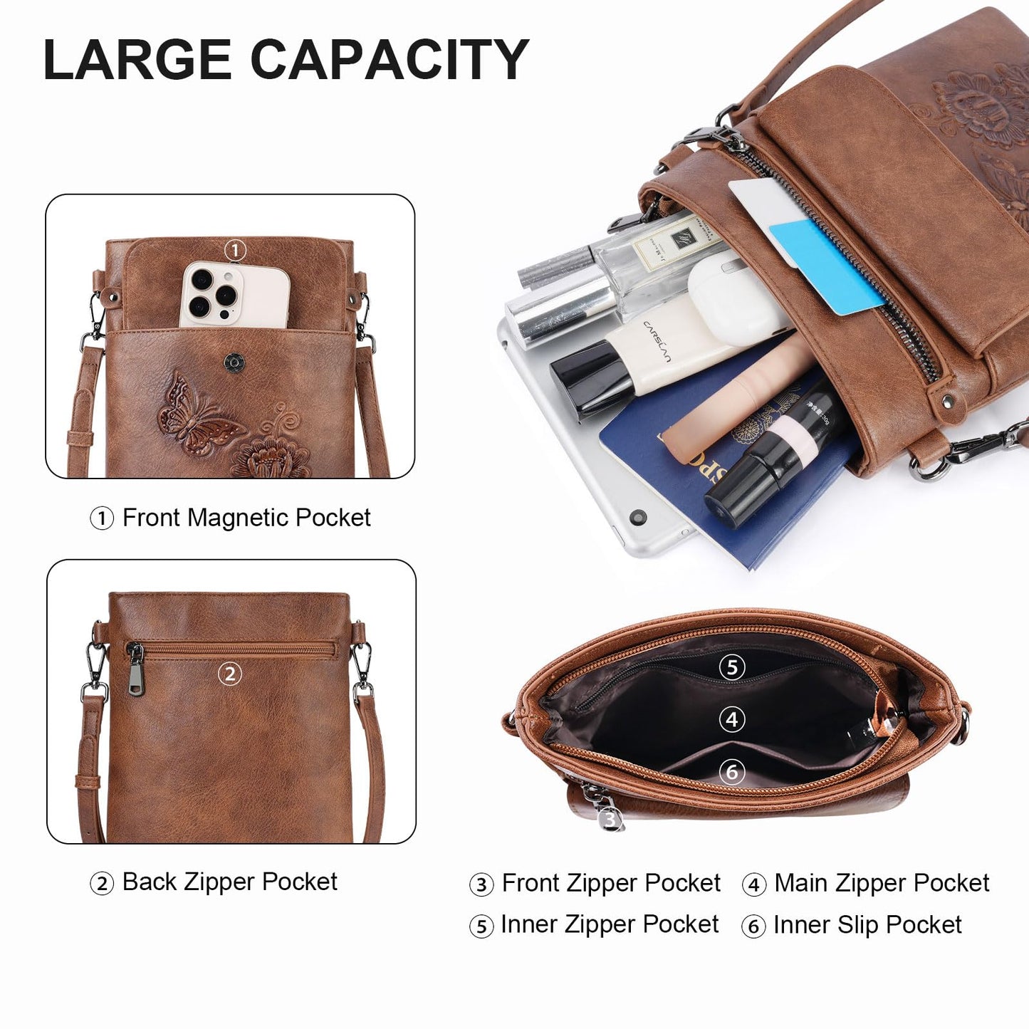VIMUTI Small Crossbody Purse for Women, Soft Vegan Leather Multi Pocket Zipper Bag with Adjustable Strap Embossed Lightweight Travel Shoulder Bag (Brown)
