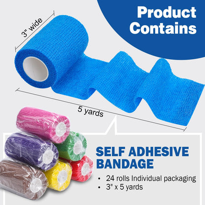 AZEN 24 Pack Self Adhesive Bandage Wrap, 3" X 5 Yards Elastic Cohesive Bandage Wrap, Color Athletic Tape, Vet Wrap, Ankle Tape, Tattoo Grip Tape Wrap