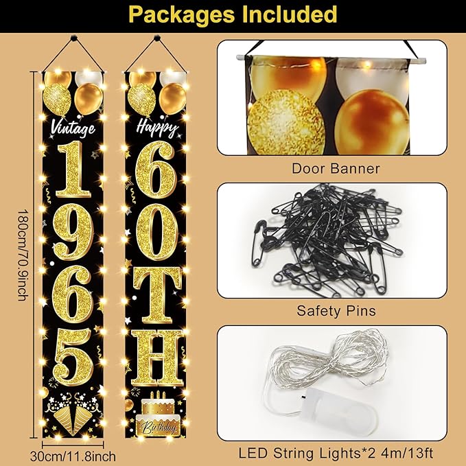 60th Birthday Party Banner Lighted Decorations for Men Women - Black Gold 1965 Birthday Decorations Door Banners with LED Light, Sixty Years Birthday Party Supplies for Indoor Outdoor Decor