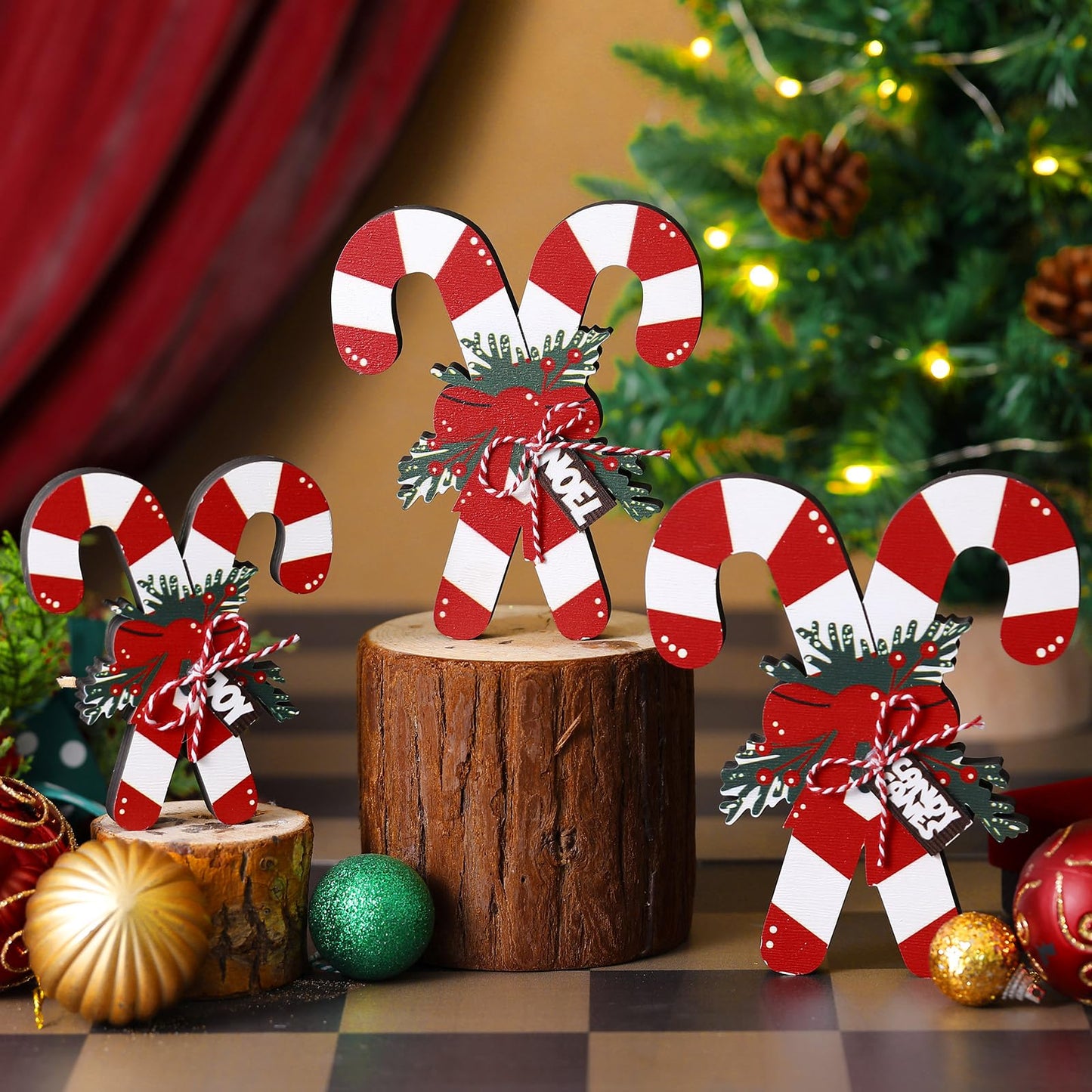 Kasyat 3 Pack Christmas Candy Cane Table Decor Christmas Wooden Decorative Sign Red and White Stripes Candy Cane Xmas Tiered Tray Decor Farmhouse Table Centerpieces Block Set for Home Shelf