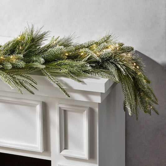 LampLust Winter Garland with Lights Battery Operated, 6 Ft Lighted Garland, Frosted Garland with Pine Branches & Faux Snow, 100 LED Lights with Timer, Winter Garland for Mantle All Year Round