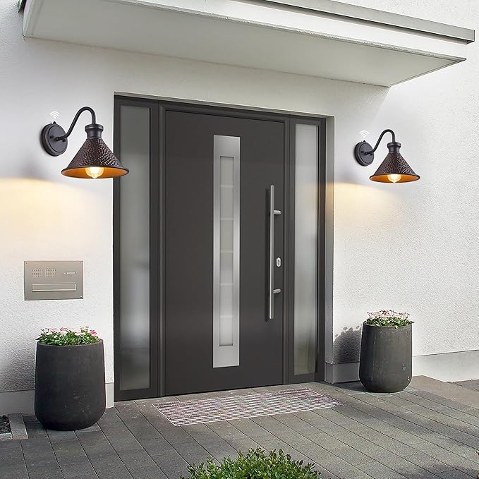 2 Pack Dusk to Dawn Outdoor Wall Light Fixtures Photocell Sensor, Exterior Sconce Light with Cast Hammered Aluminum Shade, Outside Wall Mount Lamp for House Patio Garage Entryway Doorway