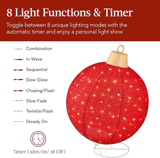 Best Choice Products 2pc Lighted Pop-Up Outdoor Christmas Ornament Set, Holiday Ball Decoration w/ 180 LED Lights, 8 Light Functions - Red/Green