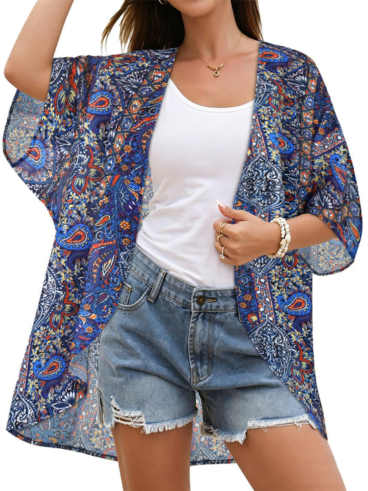 Women's Floral Kimono Print Puff Sleeve Loose Cardigan Cover Up Casual Blouse Tops (Purple Boho, L)