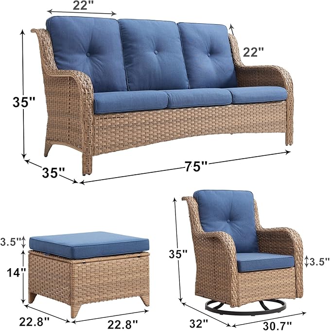 Rilyson Patio Furniture Swivel Chairs Set - 7 Piece Wicker Rattan Outdoor Sectional Conversation Sets with 4 Swivel Rocking Chairs,2 Ottomans and 1 Sofa for Porch Deck Garden(Yellow/Blue)