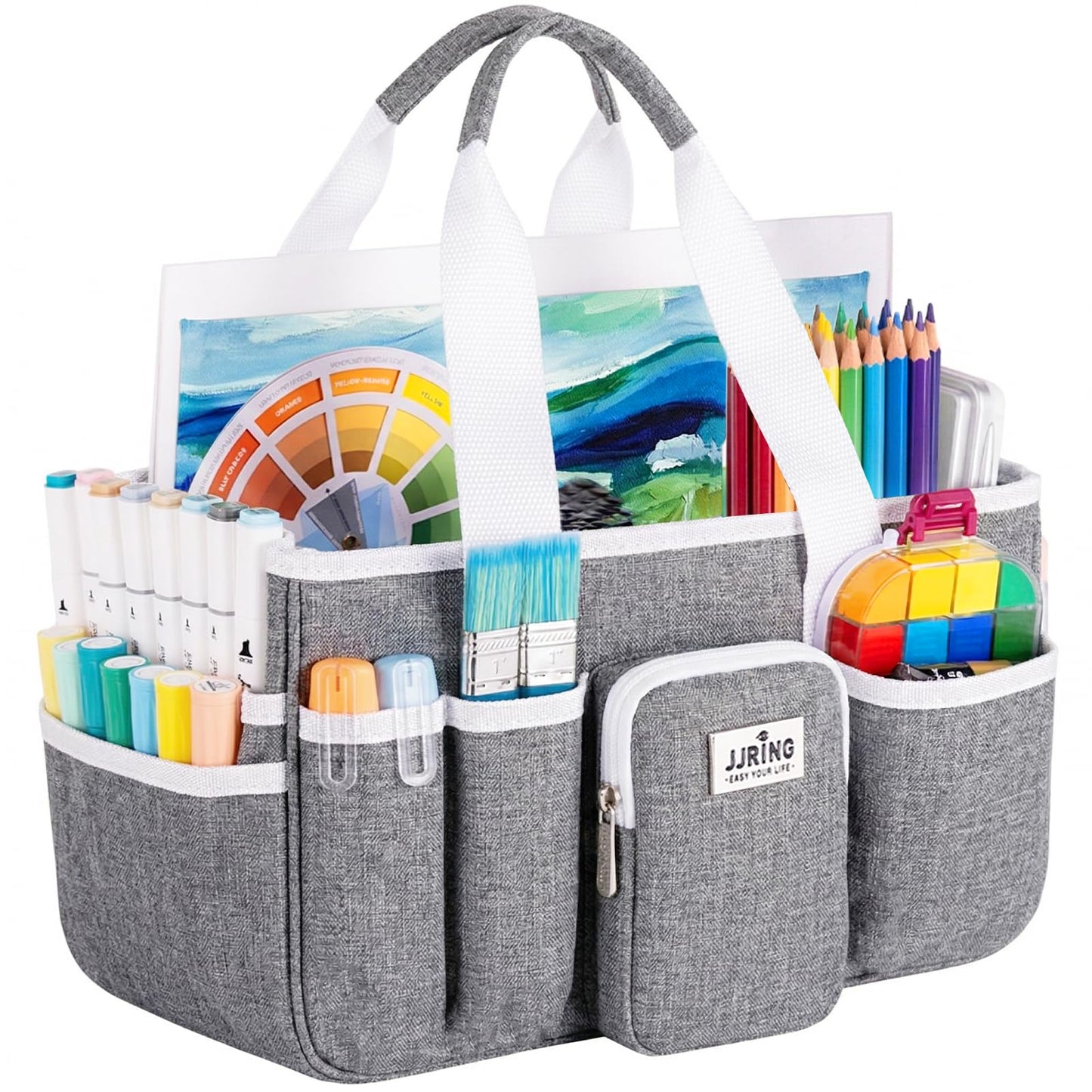 JJRING Craft Organizer Tote Bag, Portable Art Caddy with Adjustable Divider&Secure Zipper Pocket, Large Foldable Storage Tote for Scrapbooking, Sewing, Artist and Home(Grey)