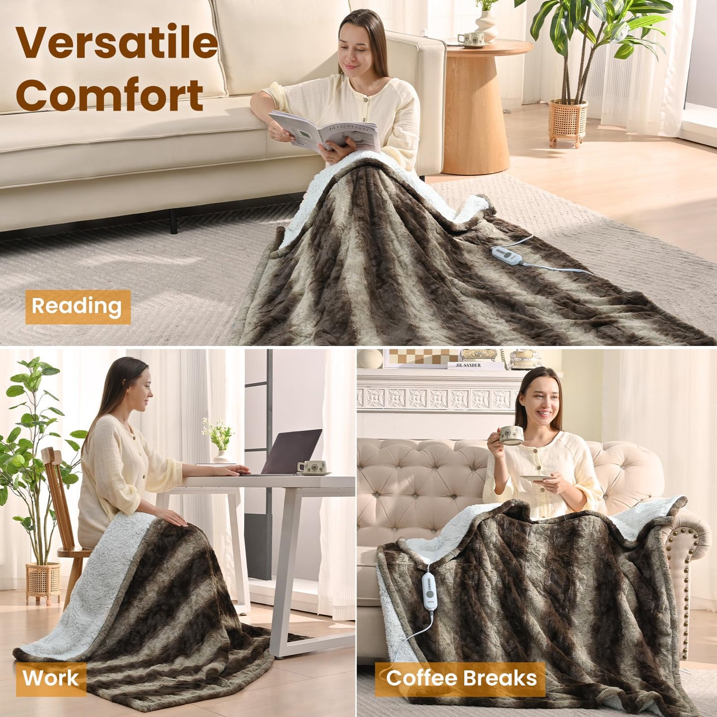Bearhug Electric Blanket King Size 100" x 90", Dual Controller Heated Blanket, White Flower Patterns Faux Fur & Warm Sherpa, 10-Heat Levels & 1-12H Auto Off,ETL, Machine Washable
