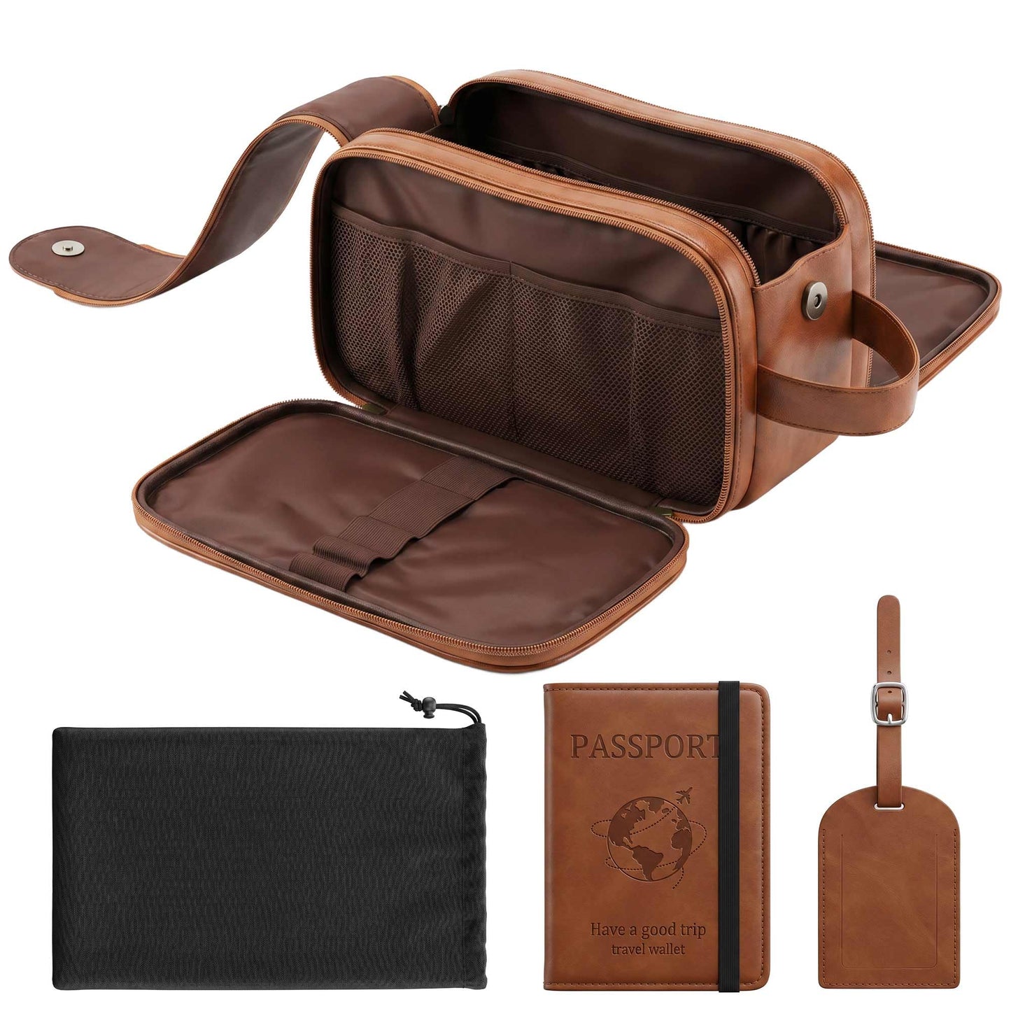 OXYEFEI Men's Travel Toiletry Bag,PU Leather Waterproof Large Travel Shaving Dopp Kit Bag,Include Passport Holder Leather Luggage Tag for Travel Essentials (Light Brown)