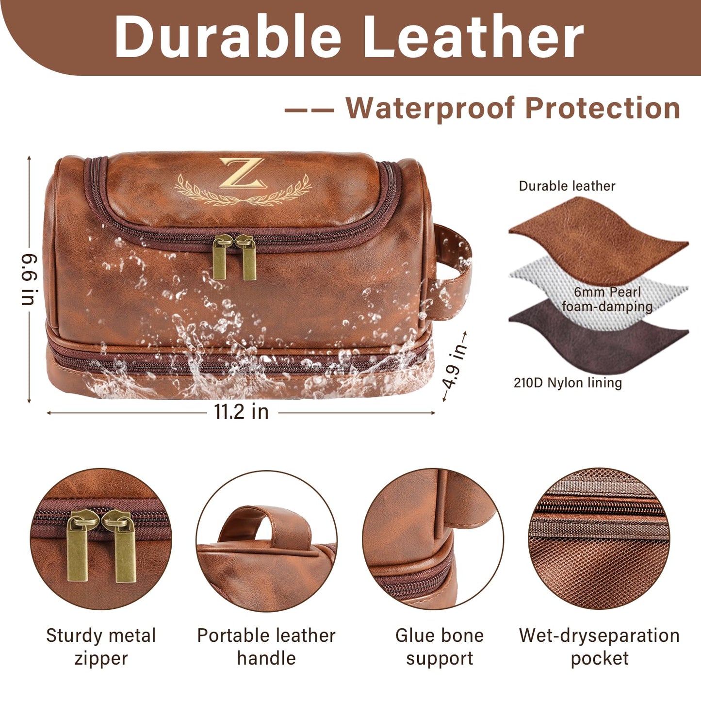 Sparklove Personalized Gifts for Men - Personalized Initial Toiletry Bag with Laser Engraved Monogram - Leather Travel Kit Shaving Organizer - Unique Present for Him, Husband, Boyfriend, Dad （K）