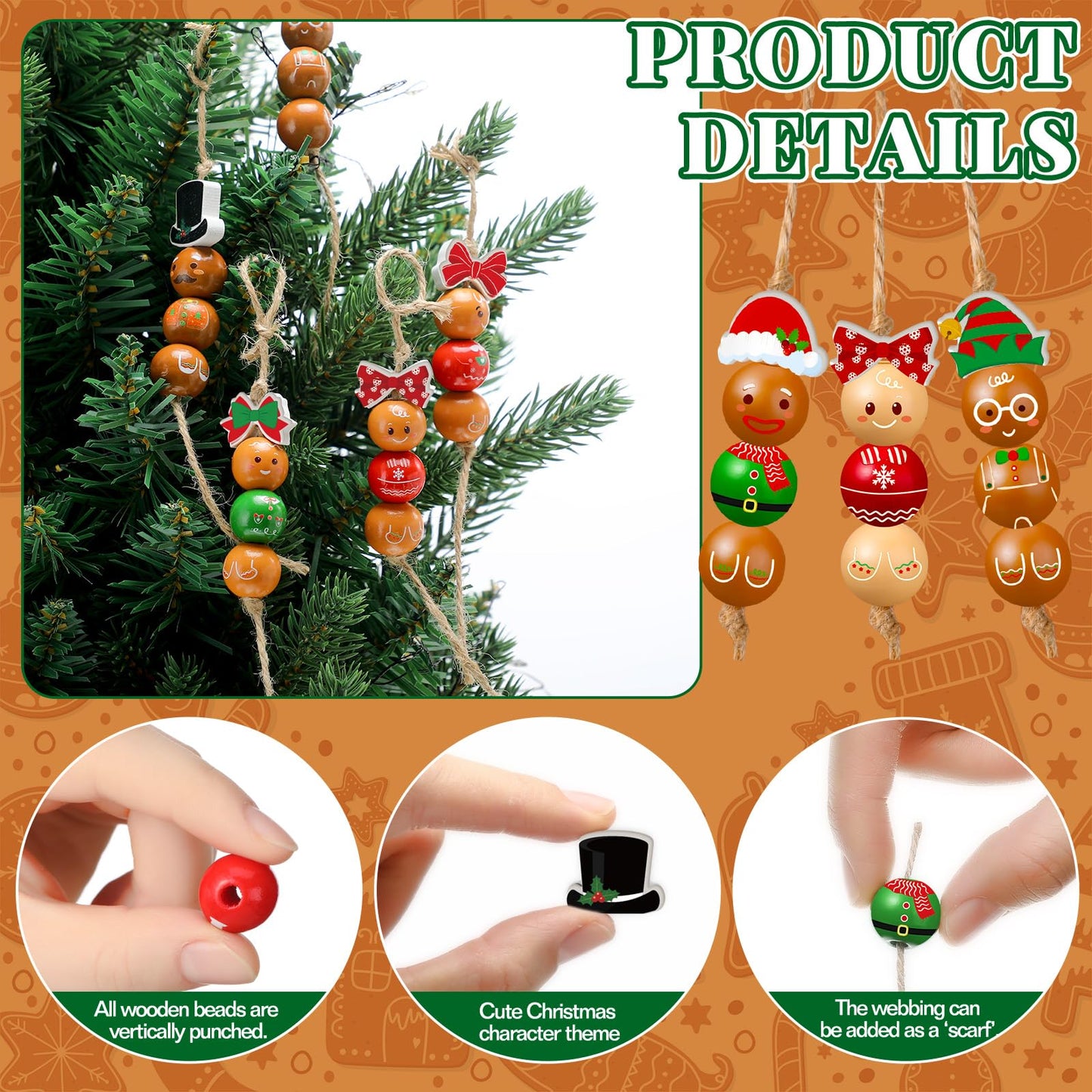 Cinnvoice 240 Pcs Winter Wood Beads with Twine Snowman Gingerbread Man Nutcracker Wooden Bead Garland DIY Crafts Round Beads for Holiday Party Farmhouse Home(Gingerbread Man)