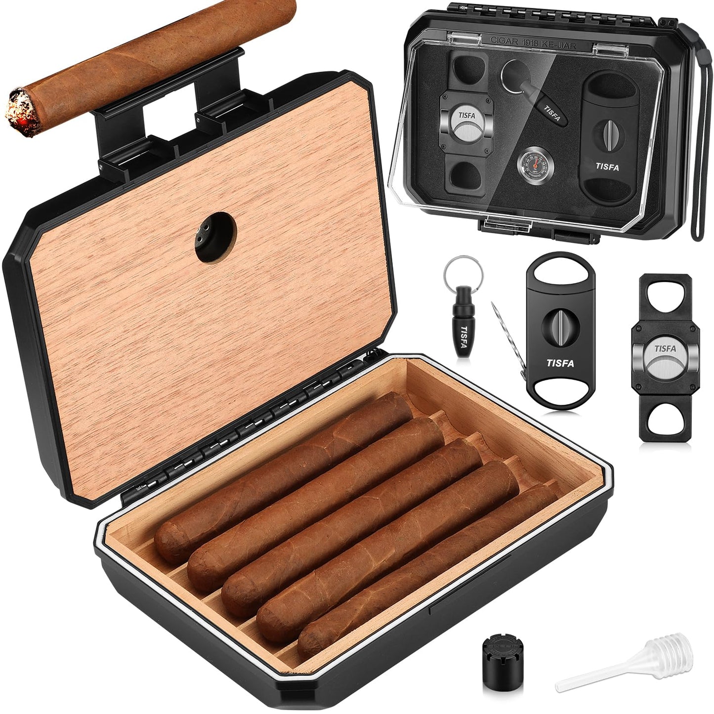 TISFA Cigar Humidor Set Travel Humidor Includes 2 Multifunctional Cutters, Hole Punch, Humidifier, Hygrometer, Portable Cedar Wood Lined Cigar Box Holder Case Gifts for Men (Black)