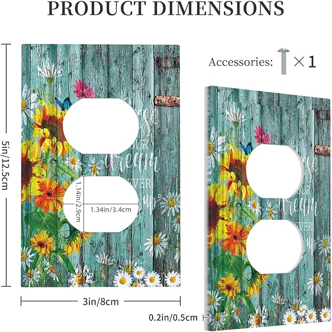 Turquoise Rustic Wood Planks Sunflower Butterfly 1 Gang Outlet Plate Decorative Single Duplex Wall Plate Covers Electrical Receptacle Light Switch Cover Switchplate for Country Bathroom Decor