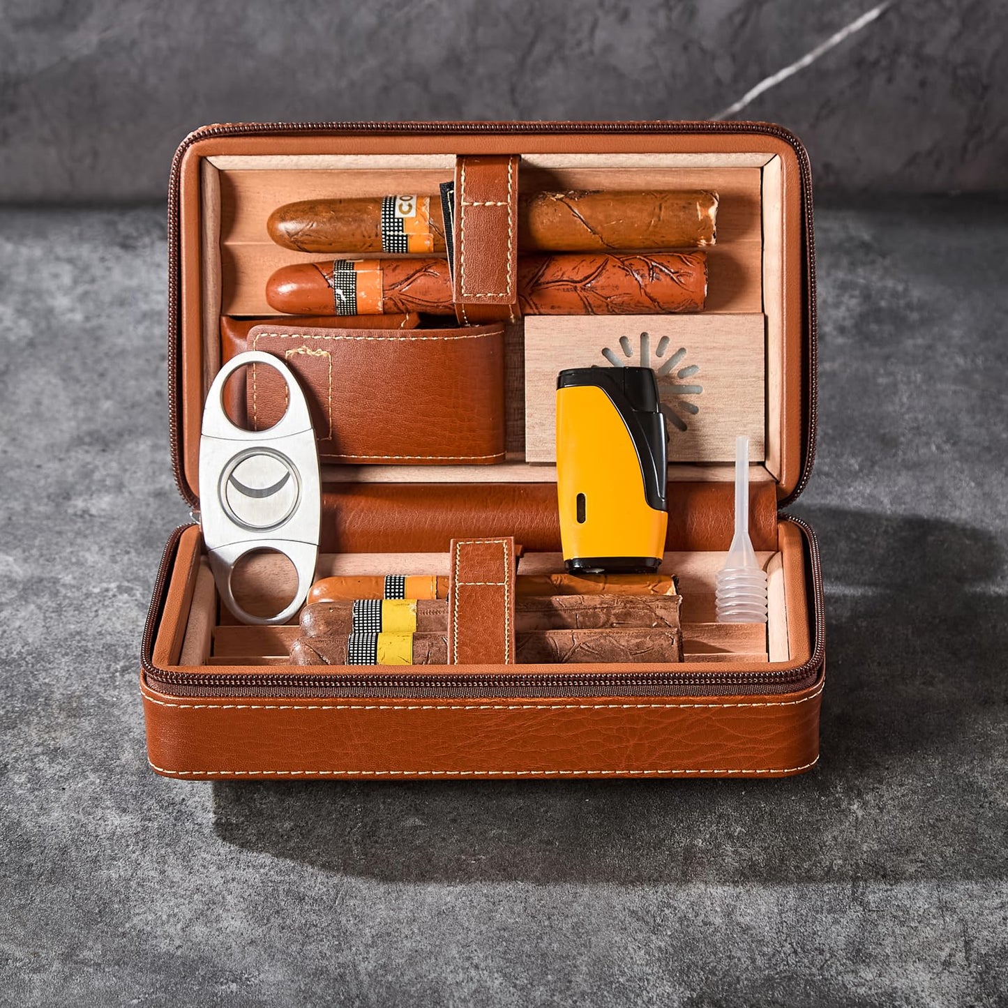 WANTHER Leather Cigar Case, Travel Humidor Holds 6 Cigars, Brown Cedar Wood Box with Cigar Cutter, Humidifier, Lighter & Towel, Portable Cigar Holder for Men, Office & Travel Gift Set, Ideal for Home