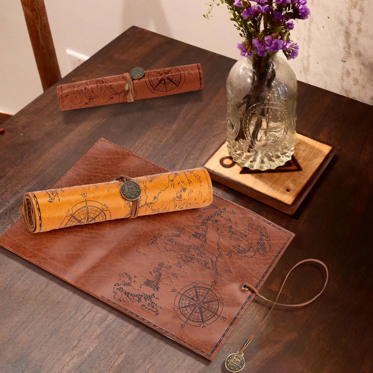 Glavatrix 4 Pieces Leather Pencil Case, Creative Map Rollup Pencil Bag, Vintage Makeup Brush Pouch, Brown PU Matte Smooth Cover Storage Pouch Holder Organizer