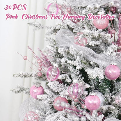 SY Super Bang 30PCS Pink Christmas Ornaments Set, 60MM/2.36" Clear Plastic Shatterproof Ball Ornaments for Christmas Tree Hanging Decorations, for Home Holiday Party Xmas Decor.