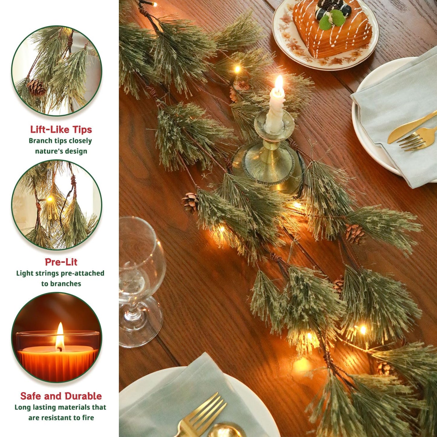 6.4ft Smokey Christmas Garland with Lights, Prelit Natual Rustic Cedar Pine Garland with Pine Cones for Home New Year, Mantle, Fireplace, Indoor Outdoor Decoration Simple Garland