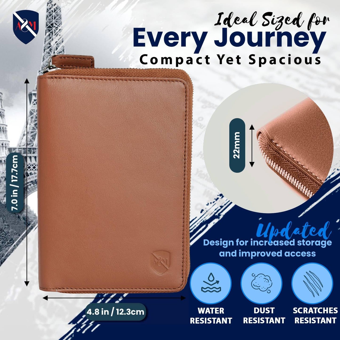 ALLEN & MATE 100% Leather Passport Holder for Travel RFID Blocking Passport Wallet for Men & Women - Zippered Compact Travel Document Organizer Fits Cash, Cards, SIM, ID and Tickets