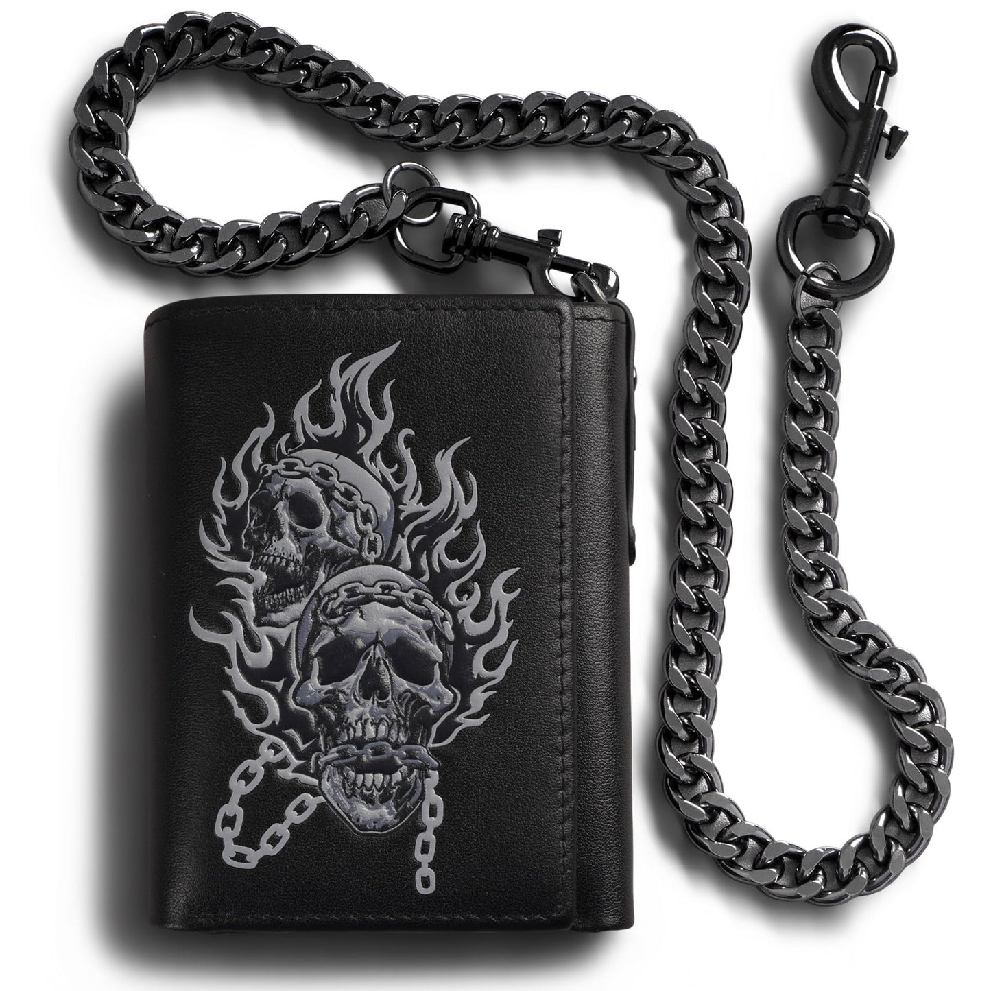 skneephate Men's Wallet With Chain Skull Trifold Wallets For Men, Soft Leather Wallet Chains Rfid Blocking Cool Mens Gift Idea (1-black)