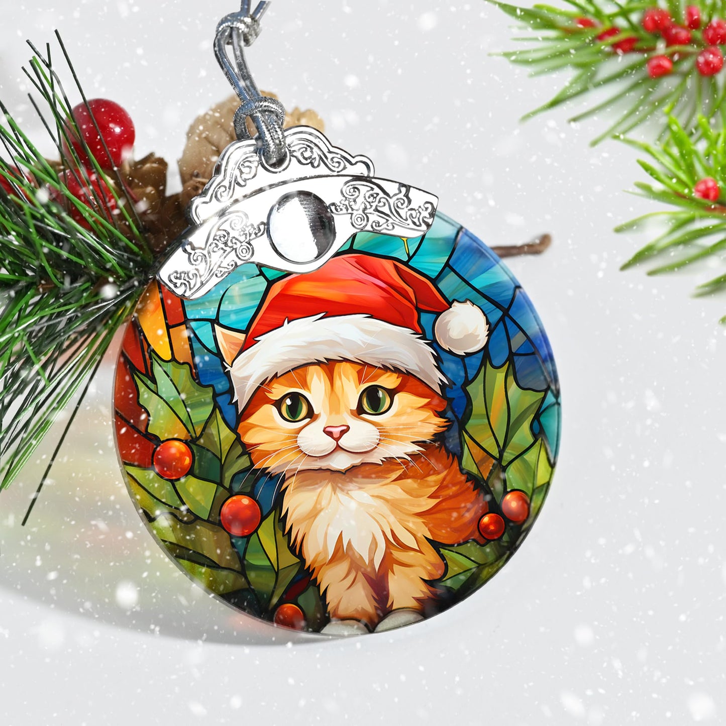 Cat Christmas Ornament, Jocidea Stained Glass Ornaments for Christmas Tree, Christmas Tree Decorations, Cat Lovers Gifts, Holiday Decor and Xmas Gifts Ideas