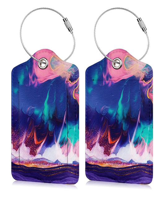 Set of 2 Luggage Tag for Suitcases Leather Purple Gilt Cruise Baggage Tags with Stainless Steel Loop Privacy Name ID Card Cover Colorful Travel Bag Labels Set for Women Men Kids Girls