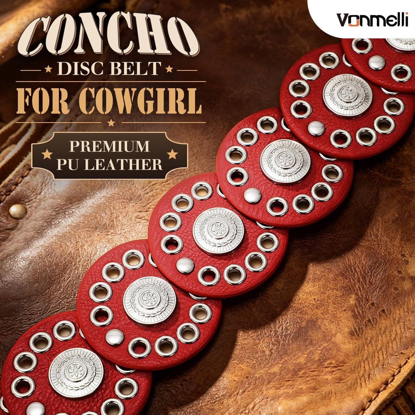 VONMELLI Women's Red Western Belts Wide Disc Concho Belt Cowgirl Boho Country Leather Belt for Dress Jeans Skirt, M