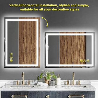 Wall-Mounted LED Square Bathroom Mirror, Makeup Mirror (36 inches x 24 inches,) 3 Color Stepless Dimmable Memory Bathroom Vanity Mirror with Lights CRI90+ 3000-6400K Smart Mirror with Touch
