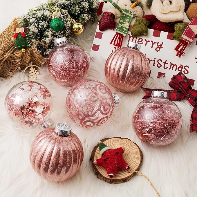 XmasExp 4ct Christmas Ball Ornaments Set -Large Clear Plastic Shatterproof Xmas Tree Ball Hanging Baubles Stuffed Delicate Glittering for Holiday Wedding Xmas Party Decoration (100mm/3.94",Rose Gold)