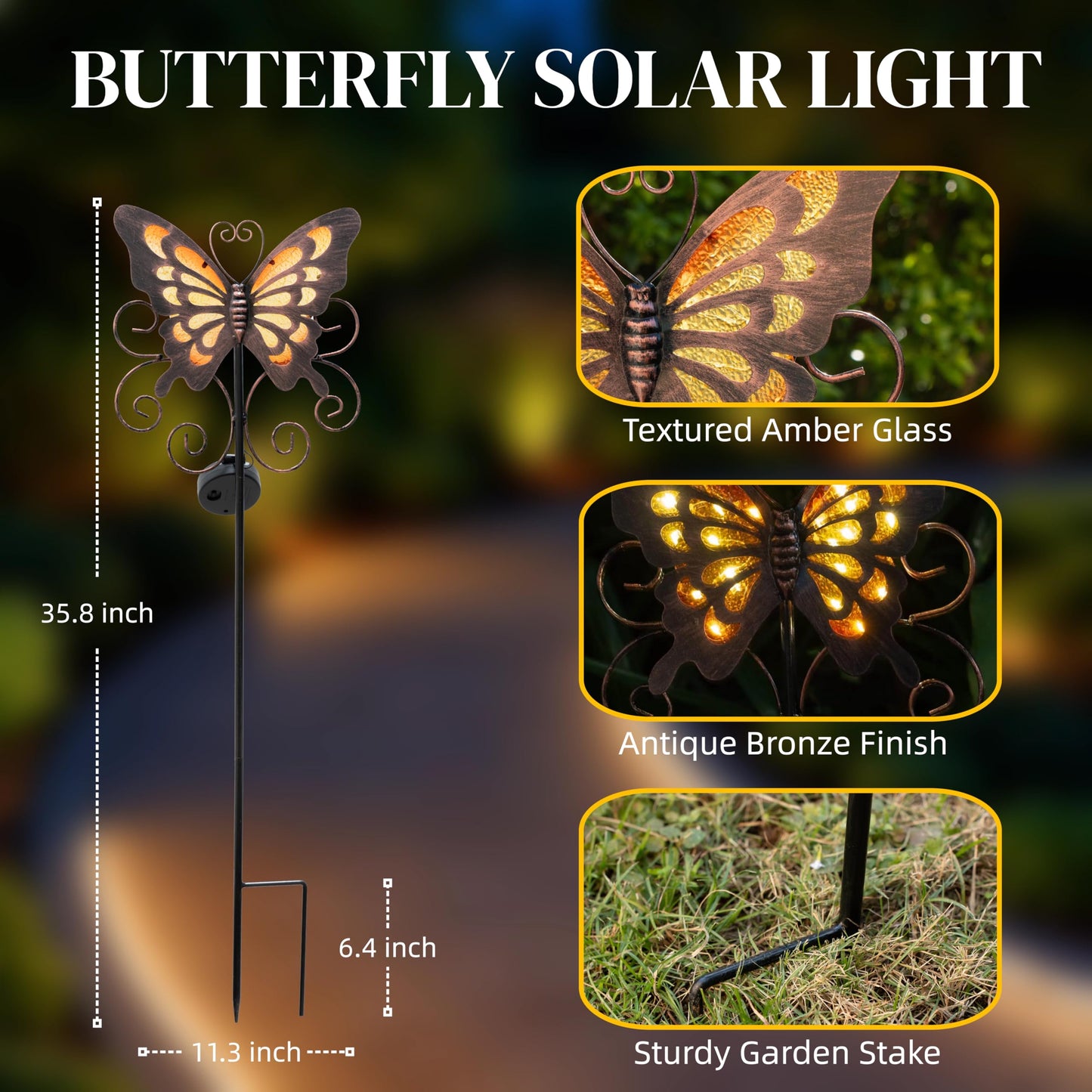 Lune cle Butterfly Solar Lights for Outside, 36 inches Waterproof Metal Solar Pathway Lights, Large Solar Butterfly Lights Outdoor Garden Decor, Warm Amber LED Stake Lights Outdoor Yard