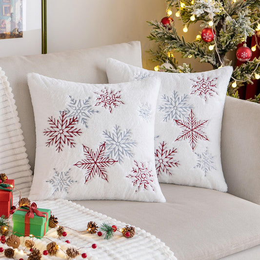 MIULEE Pack of 2 Christmas Decorative Throw Pillow Covers Soft Faux Fur Pillow Cases with Embroidery Snowflake Winter Cute Pillowcases Holiday Decor for Couch Sofa Bedroom, 16×16 Inch, Burgundy