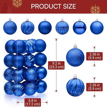 JOIEDOMI 24 Pcs Blue Christmas Balls Ornaments Set, 2.36" Shatterproof Xmas Tree Ornaments, Christmas Hanging Ornaments Decorations for Tree Wreath Garland Holiday Wedding Indoor Party Decor